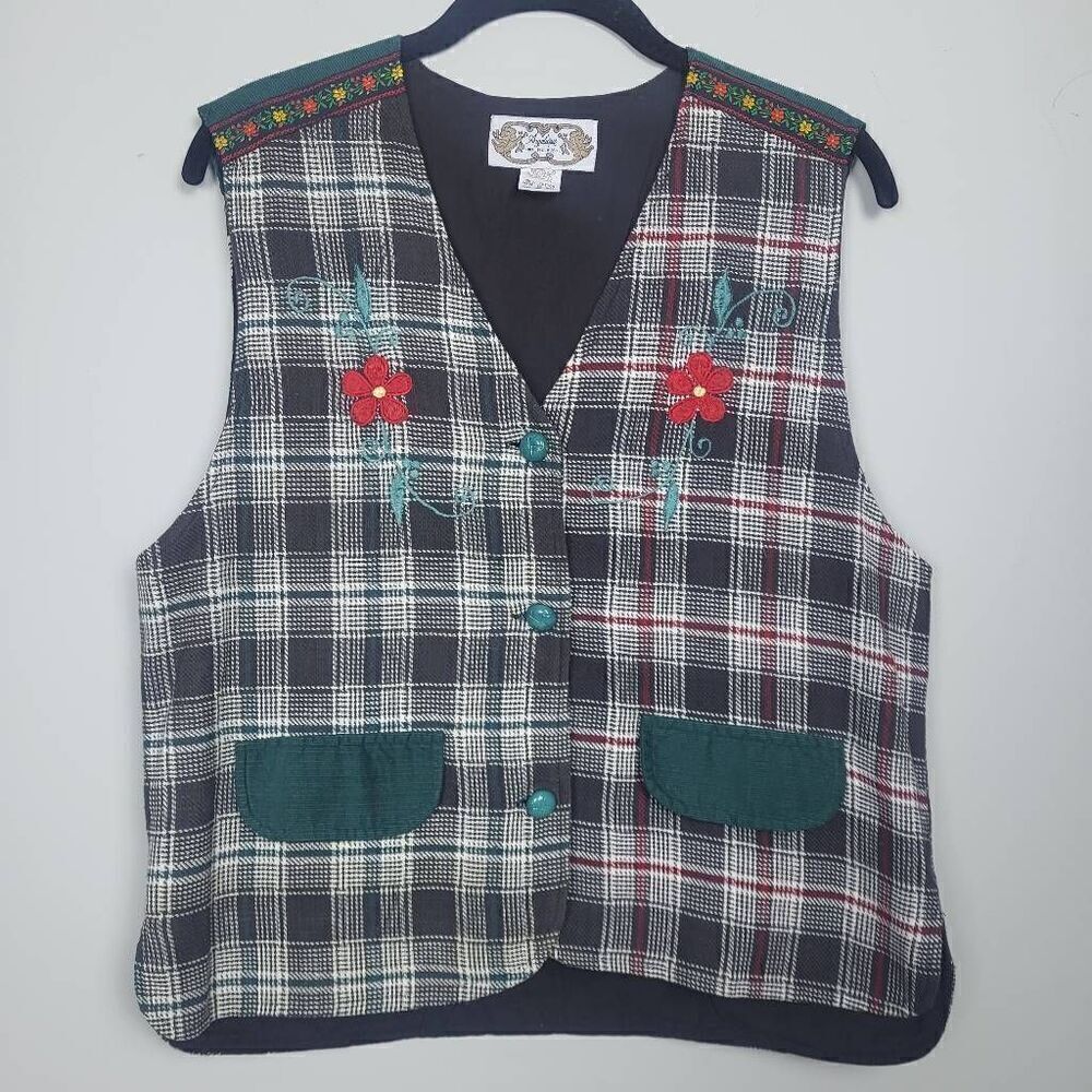 Vintage Angelique Women’s Medium Embroidered Grey Buttondown Vest Granny
